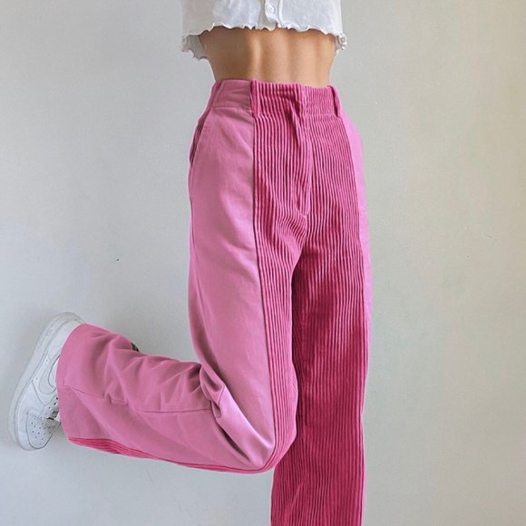 Two Tone Straight Leg Corduroy Panel Pants Bubblegum Pink Hight Waist L 29 - Picture 9 of 12